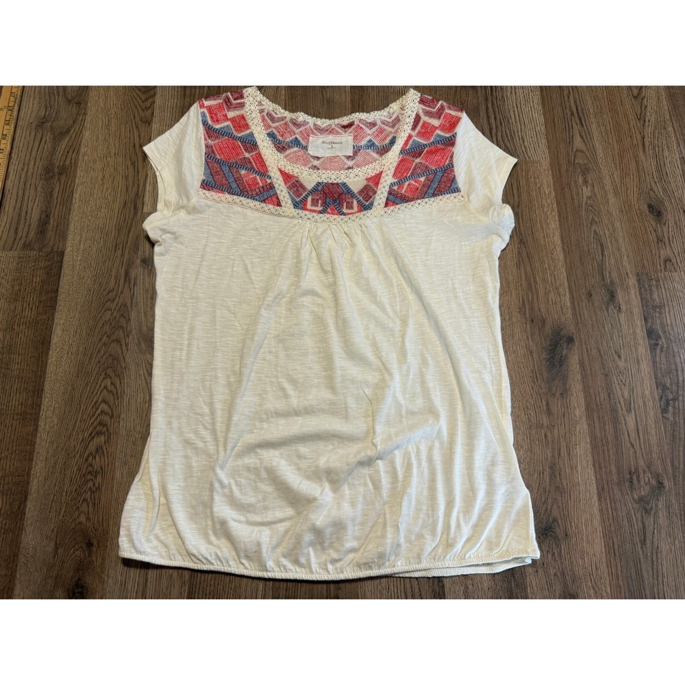 RuffHewn Embroidered Top Womens Large Ivory Red Blue Boho Peasant Excellent